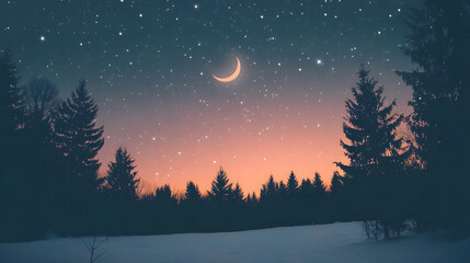 Fototapeta premium Serene winter nightscape with crescent moon and sparkling stars over silhouetted evergreen trees against a soft, warm twilight sky, capturing the tranquil essence of nature