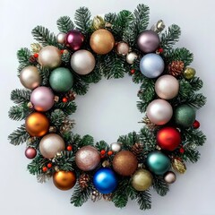 Elegant Christmas wreath decorated with balls and pine cones. The perfect holiday decoration for a cozy seasonal atmosphere.