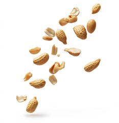 Shelled Peanuts Falling Against a White Background