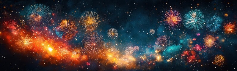 Fototapeta premium Fireworks are lit up in the night sky with stars