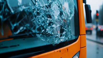 Dramatic Collision and Aftermath Scene Between a Bus and Car at a Crowded Urban Bus Stop with Shattered Windows on Both Vehicles and Debris Scattered on the Street