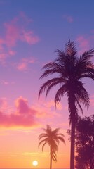 Stunning sunset with palm trees silhouetted against a vibrant purple and orange sky.