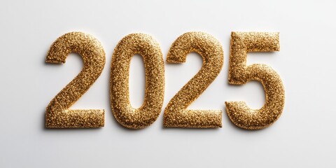  2025, made of golden shiny particles on a white background