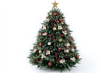 A classic Christmas tree, richly decorated with an assortment of ornaments, twinkling fairy lights, and elegant tinsel.
