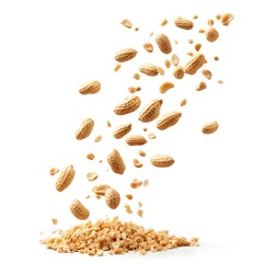 Shelled peanuts falling onto a pile of peanut pieces