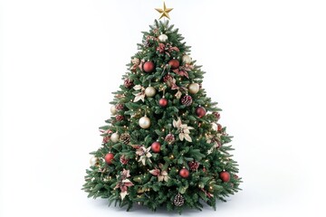 A classic Christmas tree, richly decorated with an assortment of ornaments, twinkling fairy lights, and elegant tinsel.