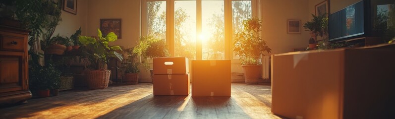 Boxes are stacked up in a room with a large window, moving house