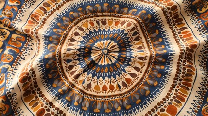 Obraz premium Close-up of soft blanket with circular mandala pattern and warm colors