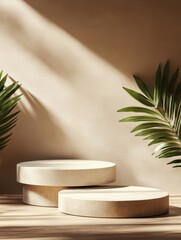 Stylish presentation of round platforms with green palm leaves against a textured beige background.