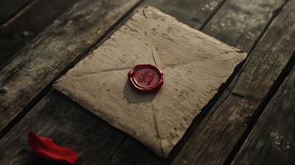 old envelope with red wax seal on old wooden background,