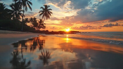 Breathtaking sunset on the beach with palm trees reflecting on the water. A serene scene filled with warm colors. Perfect for travel and nature lovers. Capture the beauty of nature. AI