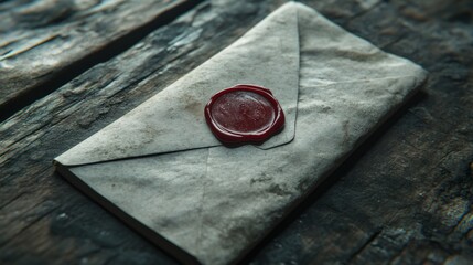 old envelope with red wax seal on old wooden background,