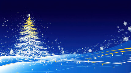 Blue background with glowing Christmas tree and lights