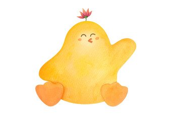 Baby chick with flower, Easter themed cute funny animal, spring watercolor hand drawn illustration of yellow chicken isolated on white background. clip art and cut out element design