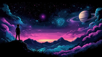 Obraz premium A lone figure silhouetted against a vibrant night sky, standing atop a mountain range, gazing at a distant ringed planet and a star-filled cosmos.