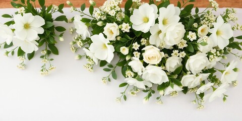 Elegant Spring table setting decorated with white flowers and greenery, arrangement