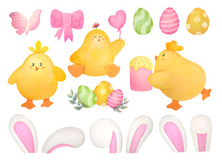Watercolor Hand drawing chick, Easter eggs, bunny ears set. festive spring illustrations collection
