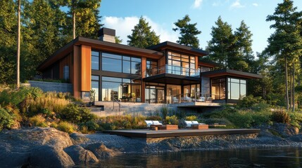 Fototapeta premium Modern House by the Lake with Scenic Surroundings