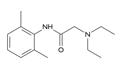 lidocaine molecule, structural chemical formula, ball-and-stick model, isolated image lignocaine