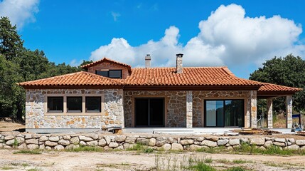 A newly constructed single-story stone house with a terracotta roof, large windows, and a clear sky in the background, surrounded by a natural landscape.