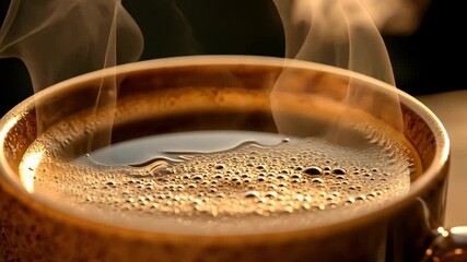 Close-up macro of a coffee mug, focusing on the texture and material of the cup and the steam coming from the hot beverage in it