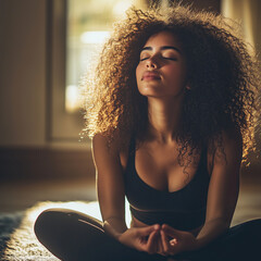 A woman is sitting on the floor, meditating.