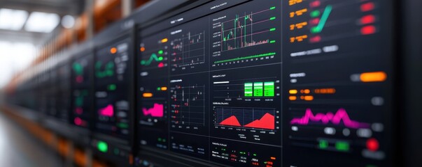 Naklejka premium A display of data screens featuring colorful financial graphs and charts, representing analytics and trading in a modern tech environment.
