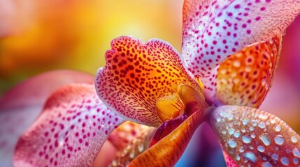 Vibrant orchid flower with dewdrops illuminated by warm sunlight