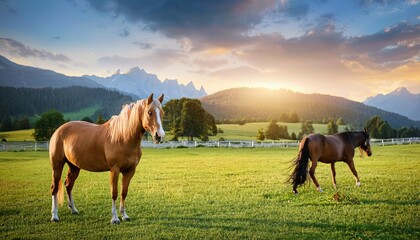 Obraz premium nature farm horses, farm sheep, grass field background, Fresh and Relax concept. For montage product display or design key visual layout. View of copy space