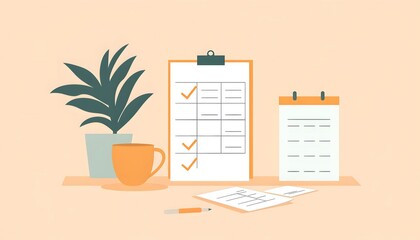 An organized workspace featuring a plant, coffee cup, checklists, and calendars, perfect for productivity and planning.