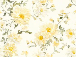 Delicate watercolor painting of yellow chrysanthemums with green leaves, creating serene and elegant floral pattern. soft hues and intricate details evoke sense of tranquility