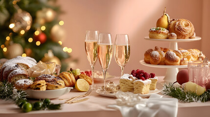 Elegant holiday brunch table adorned with sparkling champagne flutes, assorted pastries, and festive decorations, capturing the warmth and joy of a seasonal celebration.