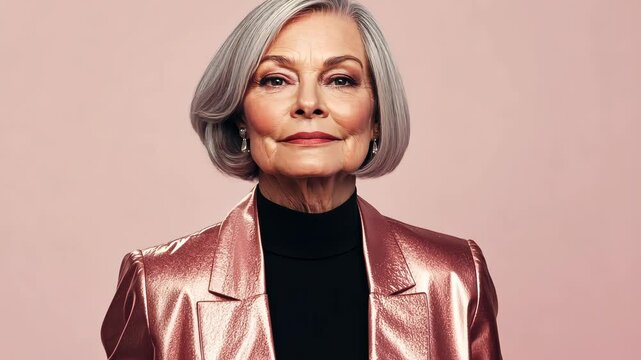 An elegant 60-year-old lady with a bob haircut, dressed in a luxurious outfit, posing against a light pink background