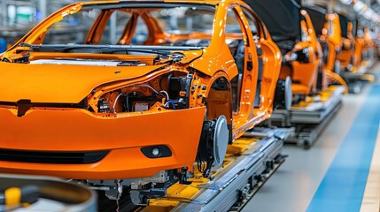 Orange Cars on Production Line in Manufacturing Facility