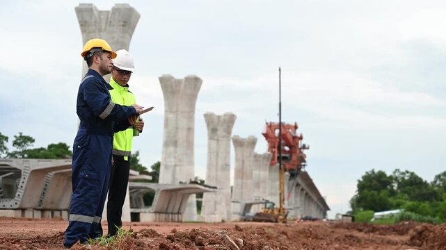 High-Speed Rail Bridge Construction, Engineers at Work on Motorway Construction Site, Planning and Problem Solving, Innovative Technology in Large-Scale Bridge Building