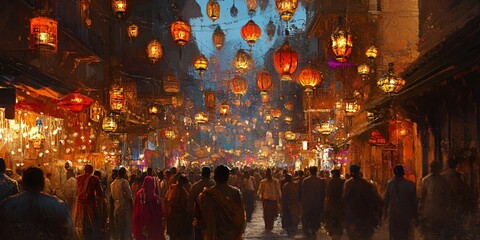 Obraz premium Festive Street Market at Night with Lanterns and Crowds