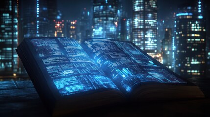 An open book with glowing blue digital text sits against a backdrop of a futuristic city skyline.