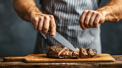 Closeup of a chef s hands expertly slicing a juicy perfectly cooked T bone steak on a rustic wooden cutting board ready to be served as a main dish in a restaurant or home setting