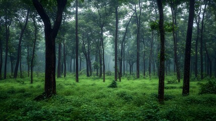 A dense forest with tall trees, a green carpet of grass under the canopy, and mist rising from between them