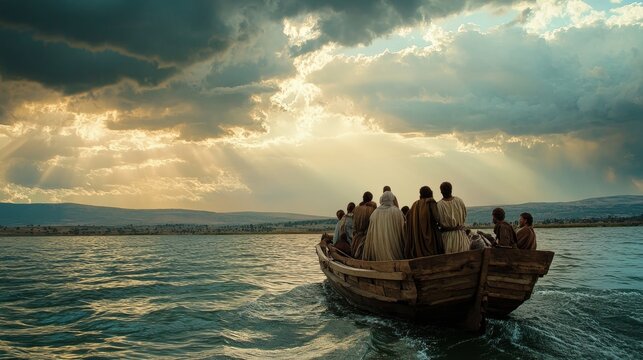 Jesus calms the storm  a miraculous moment on the sea of galilee with awe struck disciples