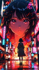 anime girl with red sky over anime cityscape with dramatic clouds and surreal colors