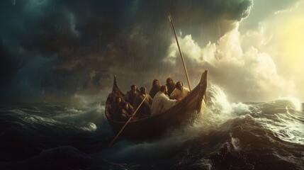 Jesus calms the storm  a miraculous event on the sea of galilee with amazed disciples © vetrana