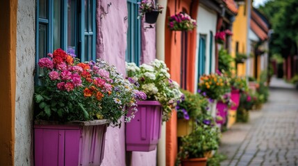 Naklejka premium Colorful Flower Boxes in Historic Village Street