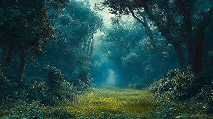 Fototapeta premium A dense forest with tall trees, a green carpet of grass under the canopy, and mist rising from between them