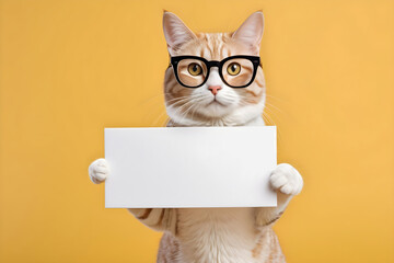 Obraz premium Portrait of cat with eyglasses holding a blank sign with empty space for text, isolated on a yellow background