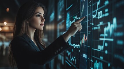 Naklejka premium businesswoman is intently analyzing data on futuristic digital display, focusing on charts and graphs in modern office environment, where data visualization plays critical role.
