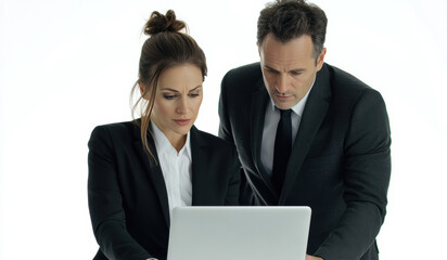 a businessman and businesswoman reviewing content on a laptop, portraying focus, professionalism, and teamwork. It is perfect for corporate marketing and business presentations.