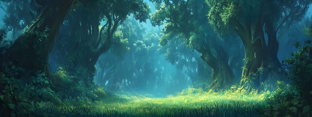 Fototapeta premium A dense forest with tall trees, a green carpet of grass under the canopy, and mist rising from between them