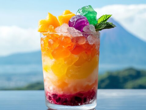 Colorful halohalo with shaved ice, tropical fruits, and jelly, Mayon Volcano in the background, served in a tall glass, ultrarealistic with vibrant tropical vibes