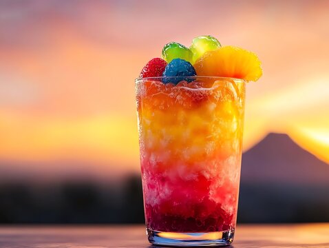 Colorful halohalo with shaved ice, tropical fruits, and jelly, Mayon Volcano in the background, served in a tall glass, ultrarealistic with vibrant tropical vibes